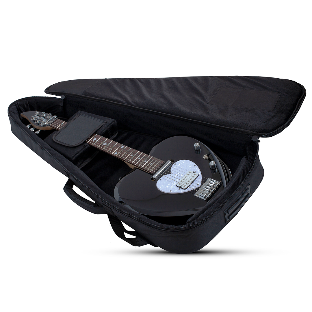 Black electric guitar with a heart-shaped body and white pick guard inside a black case on a white background