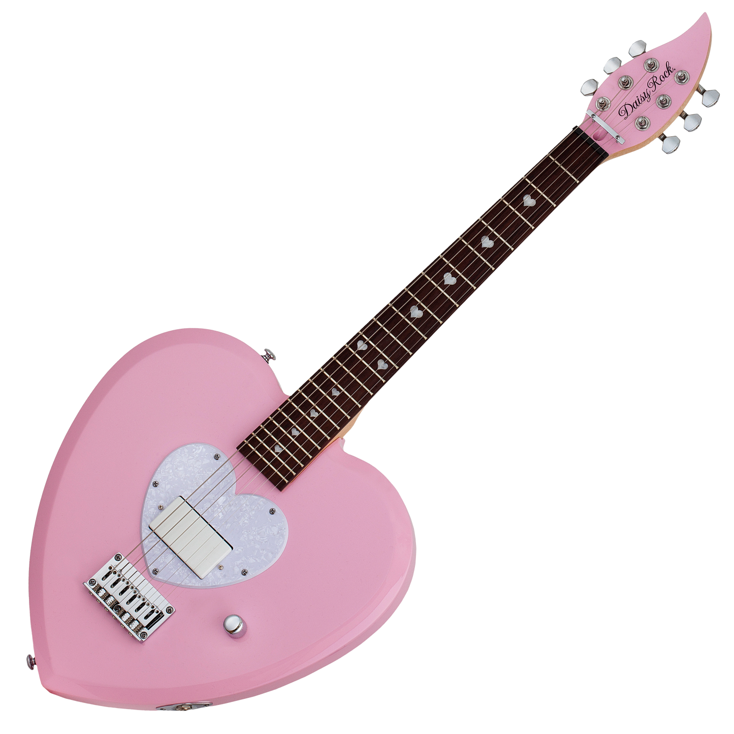 Short scale pink electric guitar with a heart-shaped body and white pick guard on a white background