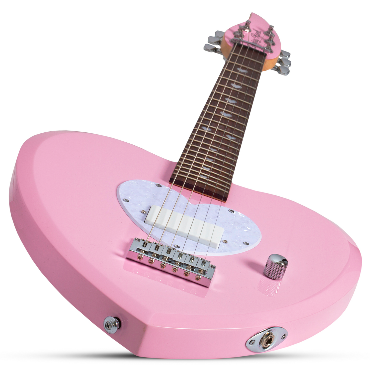 Short scale pink electric guitar with a heart-shaped body and white pick guard on a white background