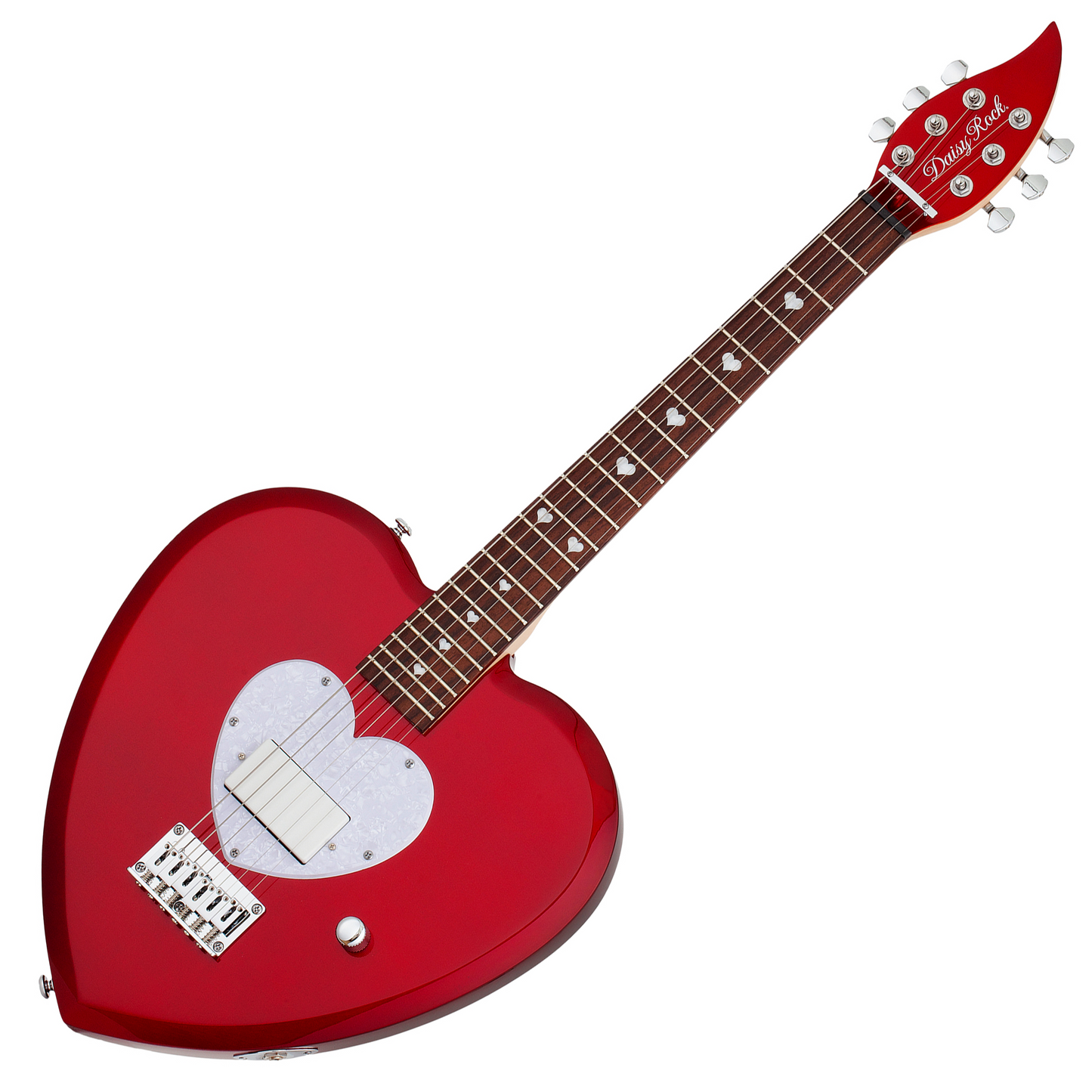 Short scale red electric guitar with a heart-shaped body and white pick guard on a white background