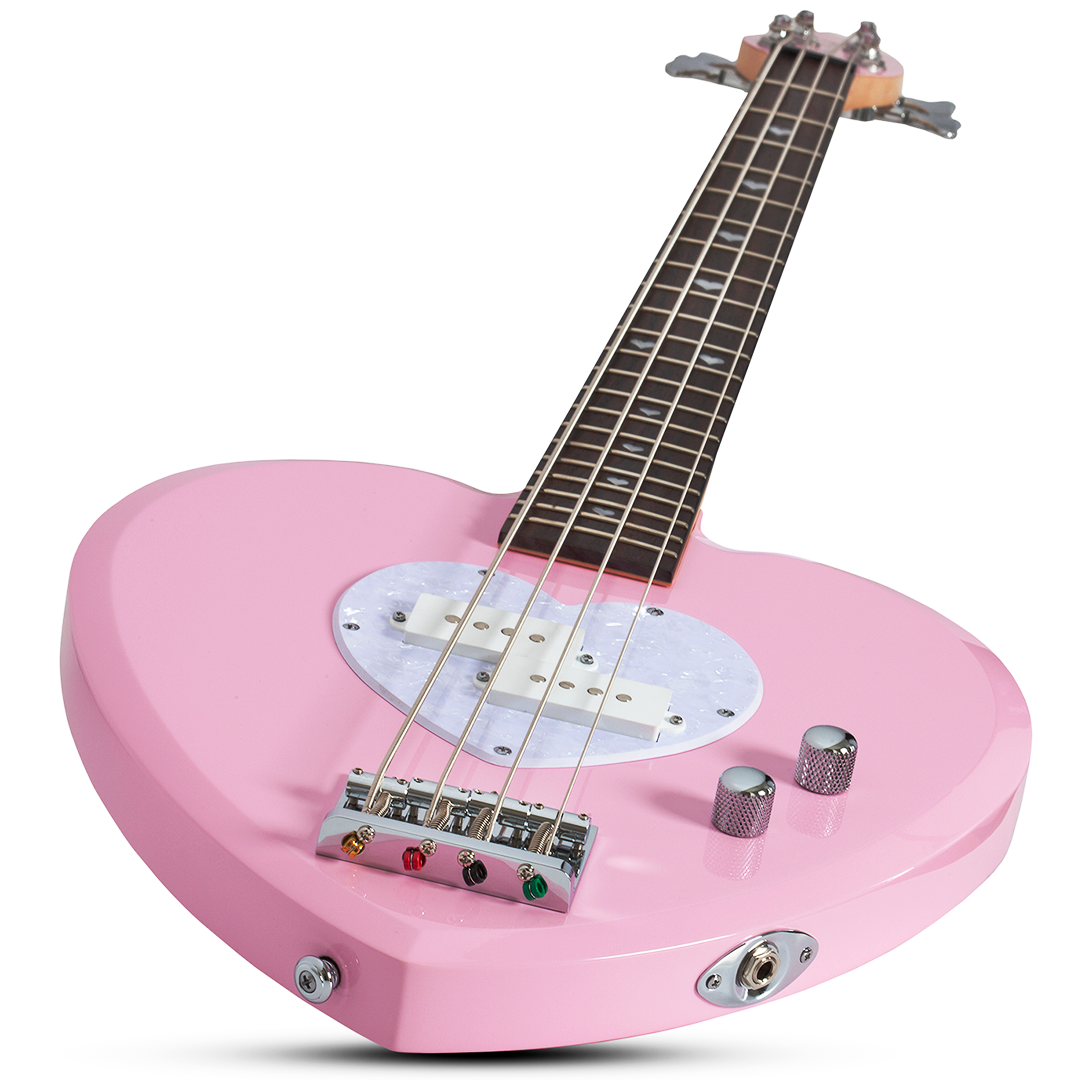 Pink electric bass guitar with a heart-shaped body and white pick guard on a white background