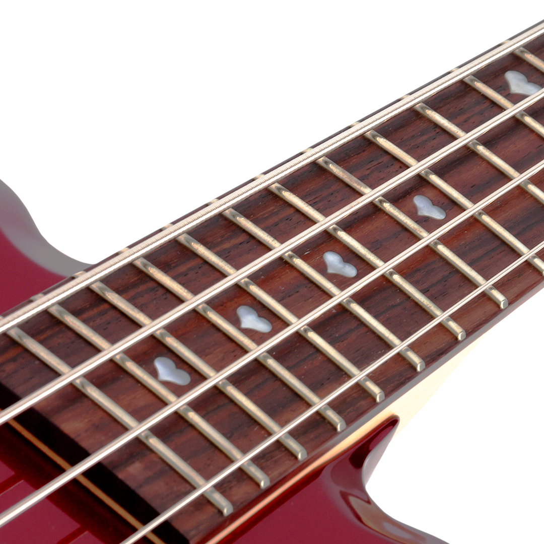 Close-up of a red electric bass guitar neck with frets, strings, heart-shaped inlays on a white background