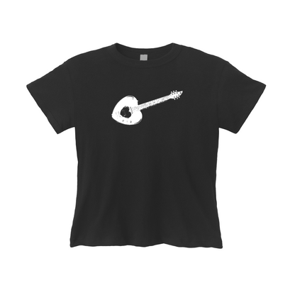 Black t-shirt with a white guitar graphic on a white background