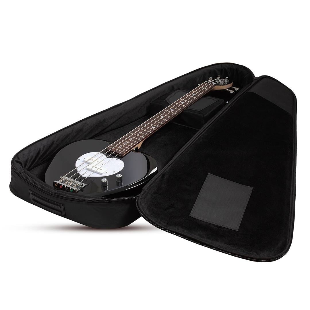 Black electric bass guitar with a heart-shaped body and white pick guard inside a black case on a white background
