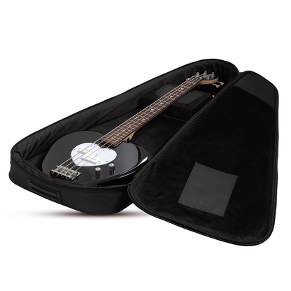 Black electric bass guitar with a heart-shaped body and white pick guard inside a black case on a white background