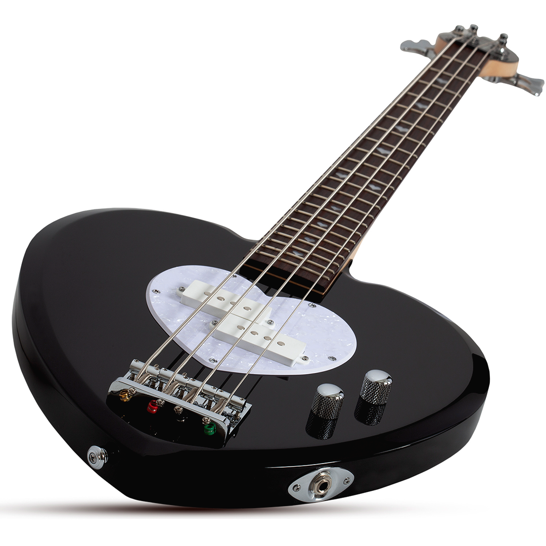 Black electric bass guitar with a heart-shaped body and white pick guard on a white background