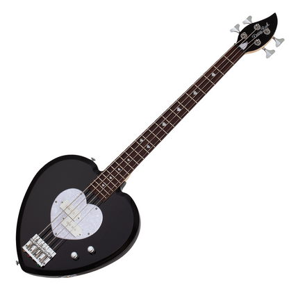 Black electric bass guitar with a heart-shaped body and white pick guard on a white background