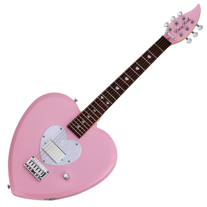 Short scale pink electric guitar with a heart-shaped body and white pick guard on a white background