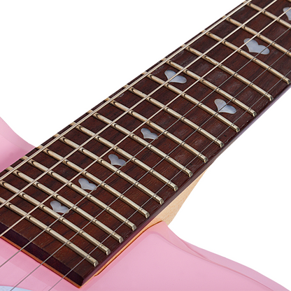 Close-up of a short scale pink electric guitar neck with frets, strings, heart-shaped inlays on a white background