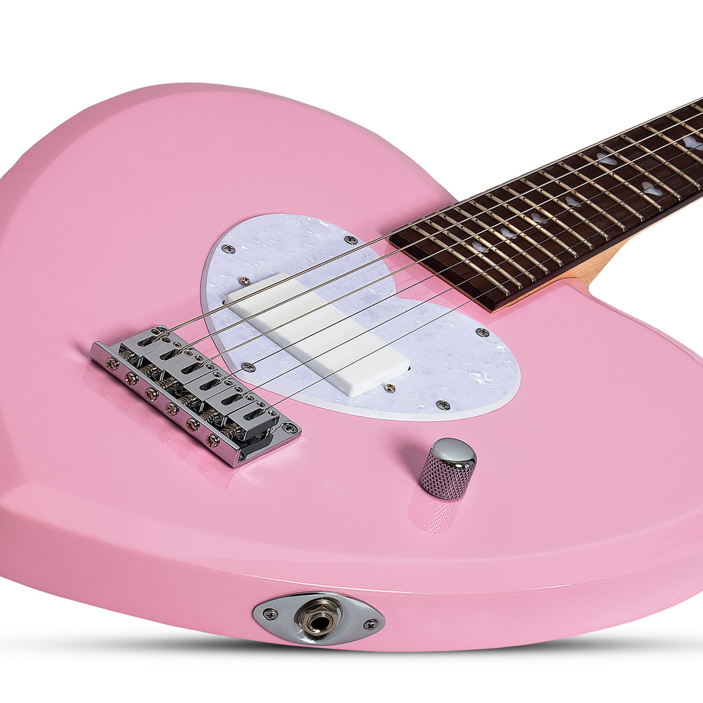 Short scale pink electric guitar with a heart-shaped body and white pick guard on a white background