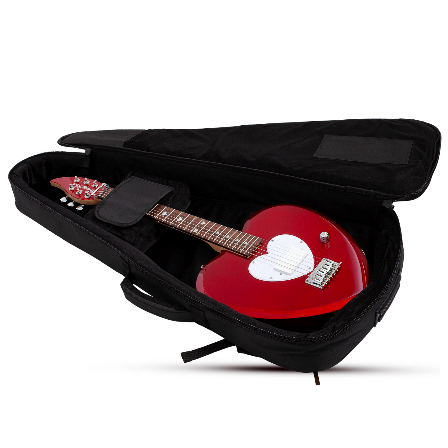 Short scale red electric guitar with a heart-shaped body and white pick guard inside a black case on a white background