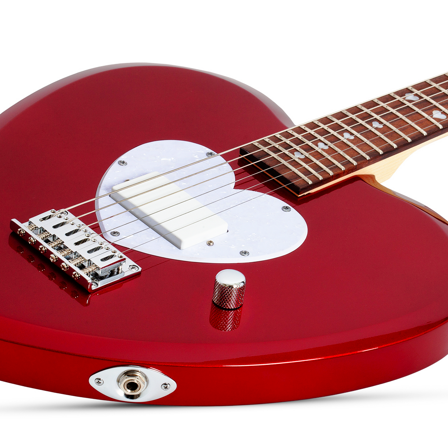 Short scale red electric guitar with a heart-shaped body and white pick guard on a white background