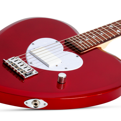 Short scale red electric guitar with a heart-shaped body and white pick guard on a white background
