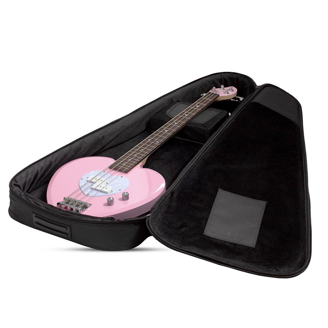 Pink electric bass guitar with a heart-shaped body and white pick guard inside a black case on a white background