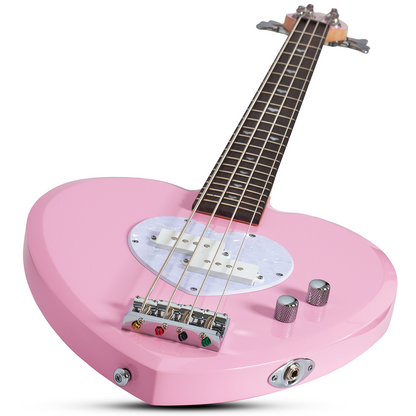 Pink electric bass guitar with a heart-shaped body and white pick guard on a white background