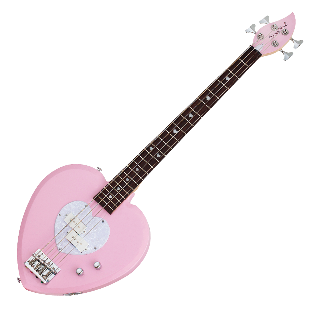 Pink electric bass guitar with a heart-shaped body and white pick guard on a white background