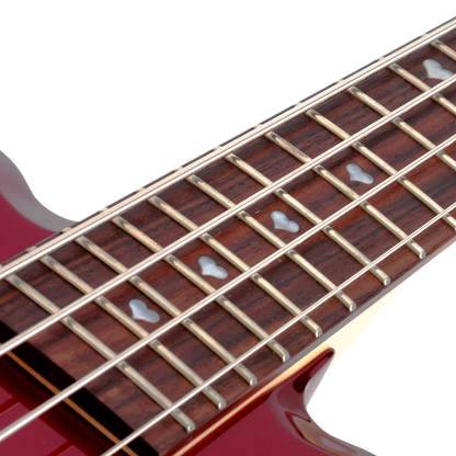 Close-up of a red electric bass guitar neck with frets, strings, heart-shaped inlays on a white background