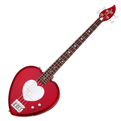 Red electric bass guitar with a heart-shaped body and white pick guard on a white background