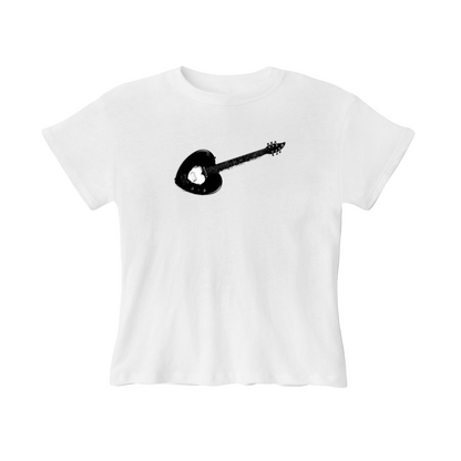 White t-shirt with a black guitar graphic on a white background